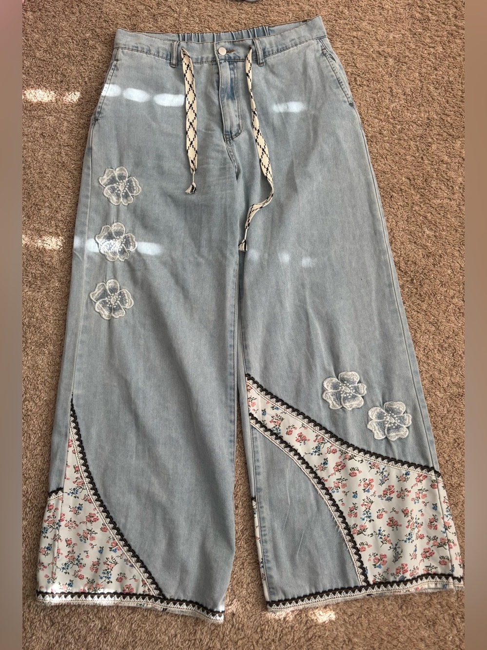 POL Light Blue Patchwork Wide-leg Pants